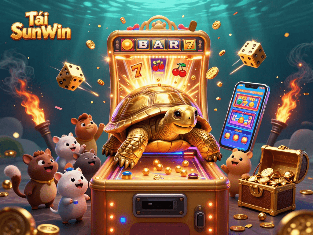 Tải SunWin captures the excitement of gaming, featuring a golden tortoise pinball machine amidst casino chaos.
