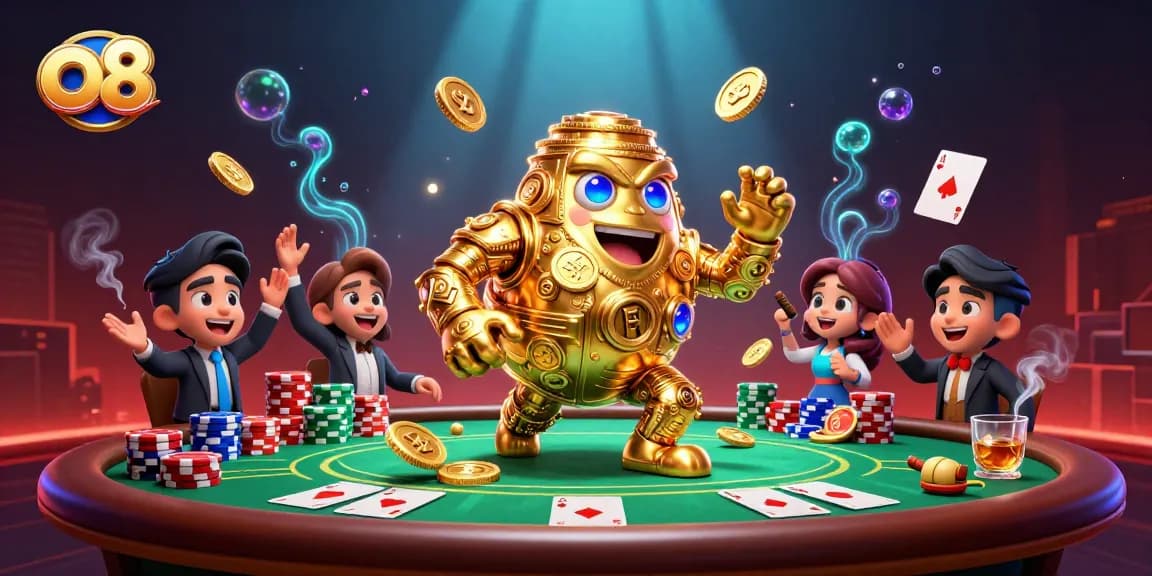 Experience the excitement of o8 with a vibrant 3D scene featuring a golden golem and poker elements.