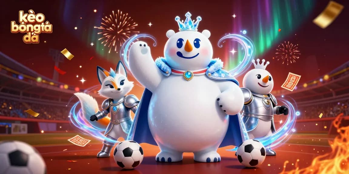 Bet on kèo bóng đá with a dazzling scene of an ice king polar bear and snow fox amidst vibrant sports elements.