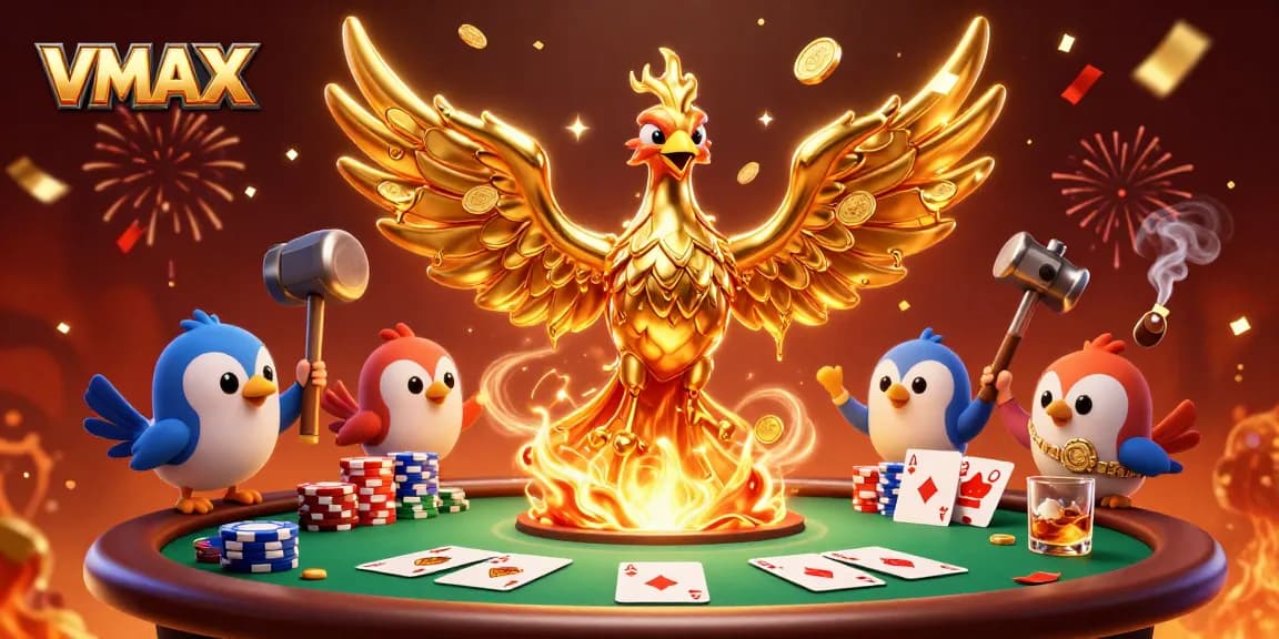 Experience the excitement of VMAX with a dynamic 3D casino scene featuring golden phoenix and poker elements.