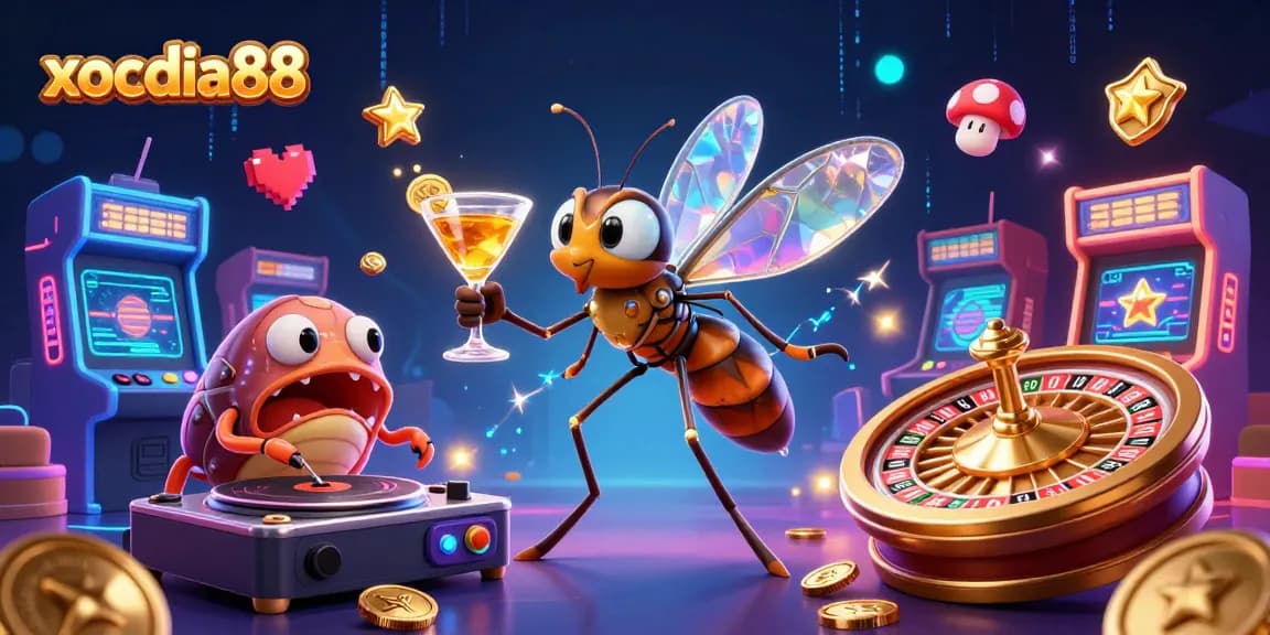 xocdia88 showcases a vibrant casino scene with a frozen mosquito mascot, trilobite DJ, and golden roulette wheel.