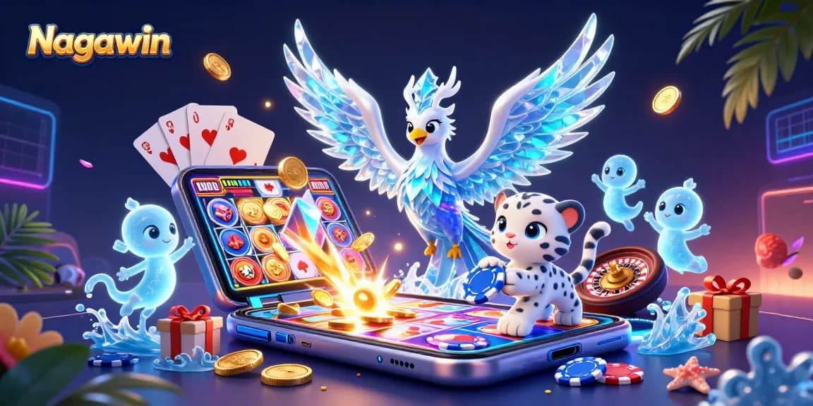 Nagawin showcases an enchanting ice phoenix, poker chip, and vibrant slot game depicting thrilling casino action.