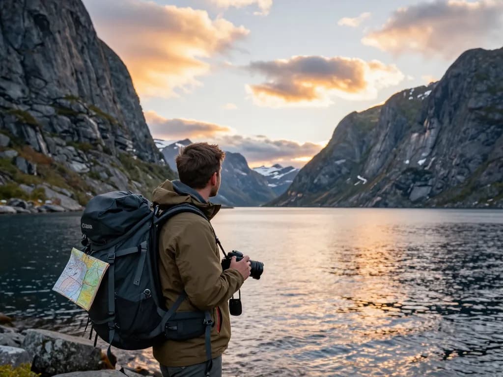 Beeindruckender Fjordblick in Norwegen, der Reisetipps Skandinavien zur goldenen Stunde mit landschaftlicher Schönheit präsentiert.