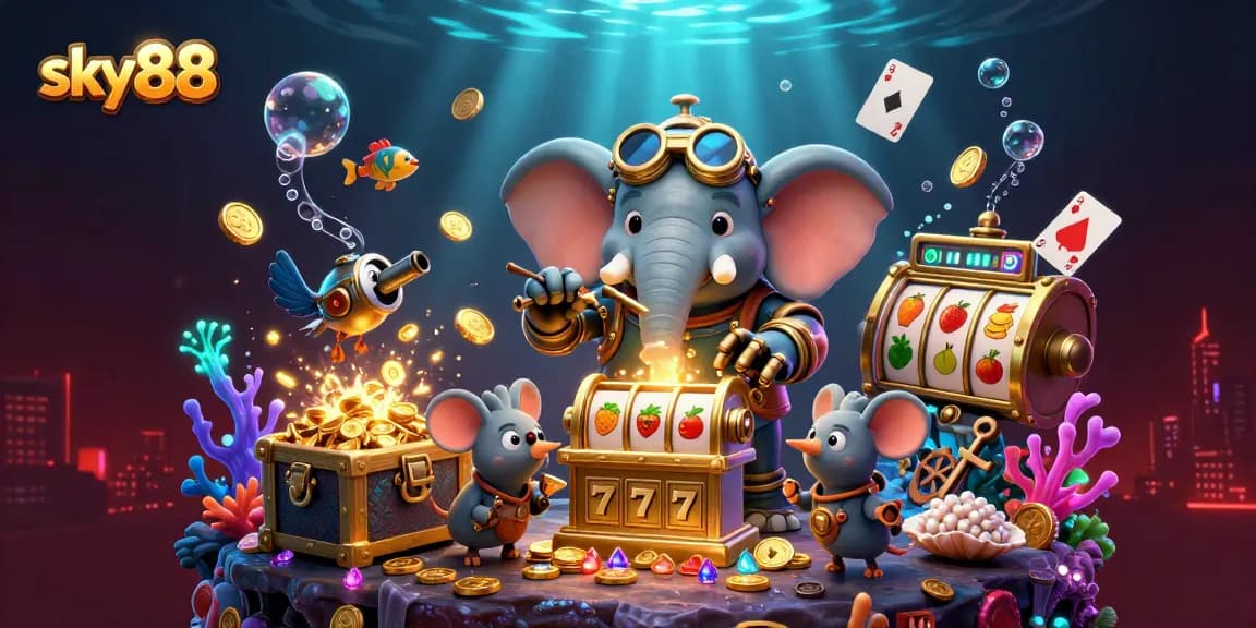 Experience the excitement of sky88 slots with a steampunk elephant operating a golden machine in a vibrant scene.