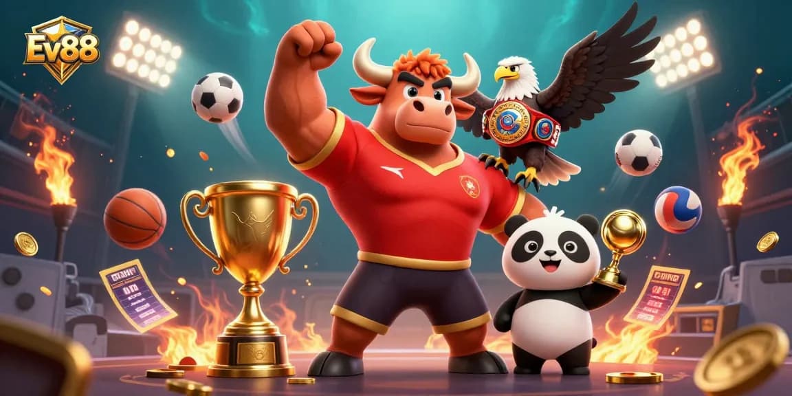 Experience thrilling gameplay at Ev88 with a dynamic scene of a victorious bull mascot and friends celebrating.