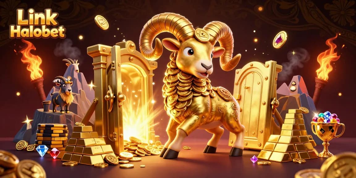 Engage with Link Halobet through vibrant 3D casino illustration featuring a golden ram charging at a treasure vault.