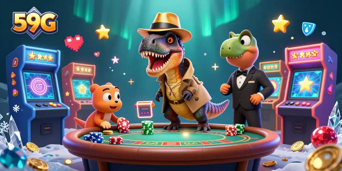 Experience thrilling betting with 59G as the velociraptor card counter and companions engage at the casino table.