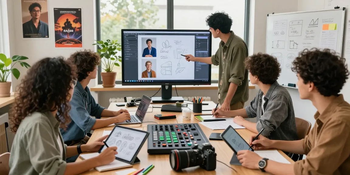 Team collaborating on a digital mix board in a bright creative workspace, showcasing innovation and teamwork.