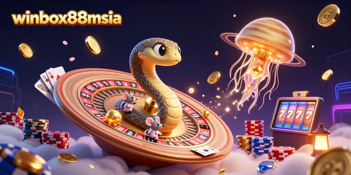Experience gambling success with winbox88msia; a cosmic casino scene featuring lively game elements.