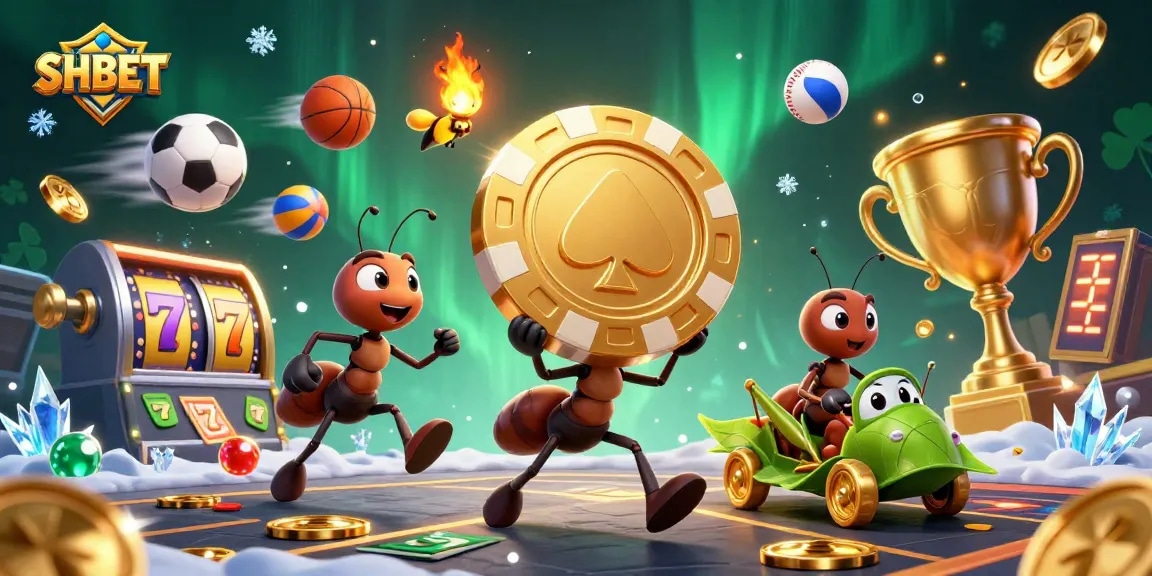 Experience SHBET with a dynamic heist scene featuring ants and gaming elements for an exciting casino adventure.