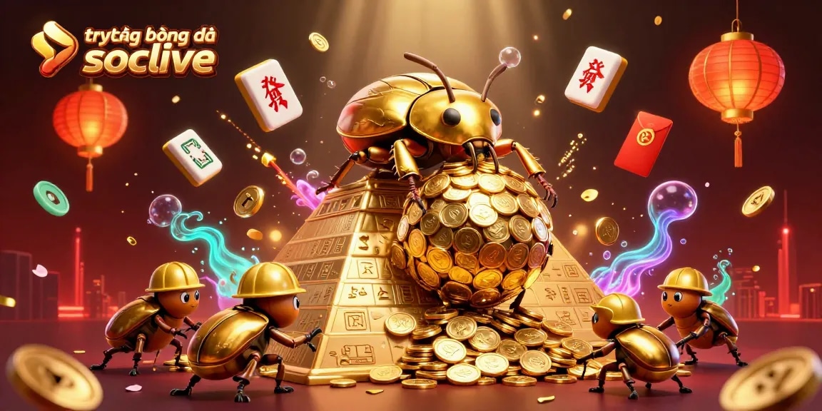 Enjoy watching trực tiếp bóng đá socolive with a vibrant illustration of golden beetles and casino symbols.