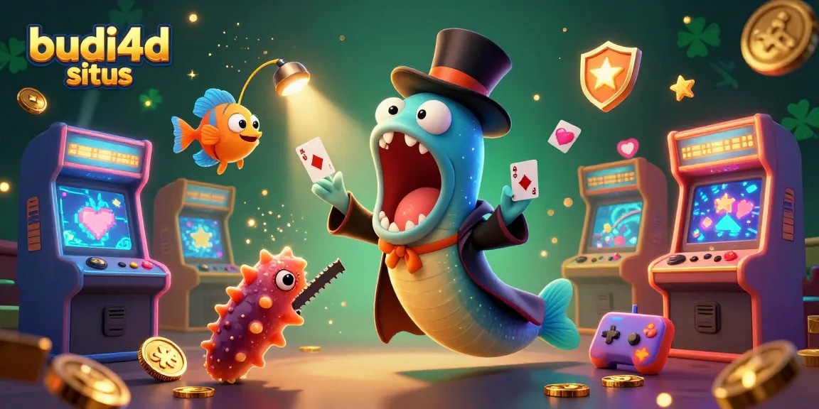 Experience magic with budi4d situs as the deep-sea gulper eel performs card tricks amidst vivid casino elements.