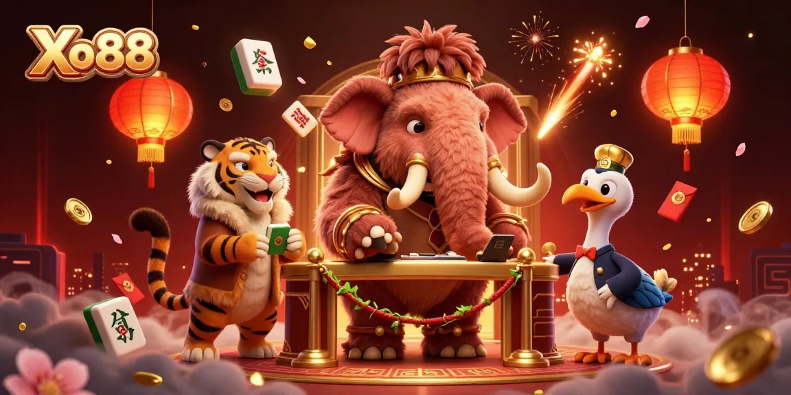 Xo88 showcases an ultra-detailed online casino scene featuring a mammoth bouncer and VIP guests.