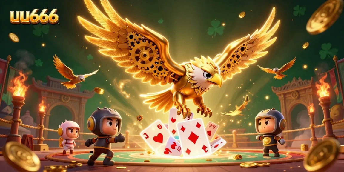 Experience the thrill of uu666 with a cybernetic eagle amidst a vibrant casino scene.