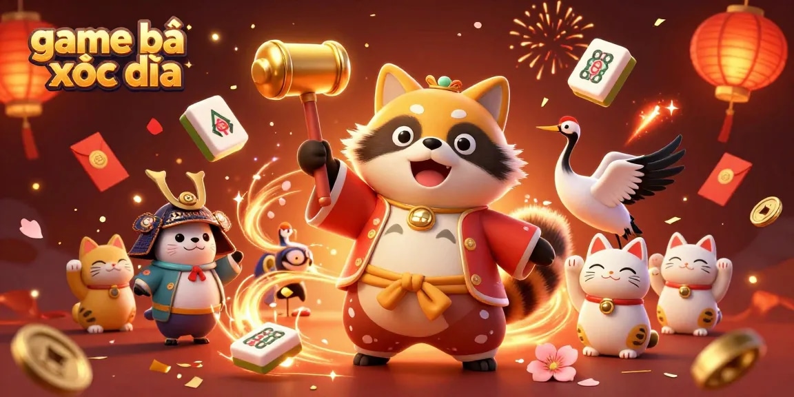 Experience the excitement of game bài xóc đĩa with a festive 3D illustration featuring engaging characters.