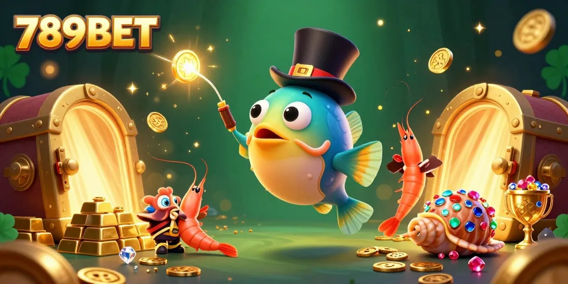 Engage in thrilling adventures with the 789BET anglerfish, shrimp, and sea snail illustration, exploring hidden riches.