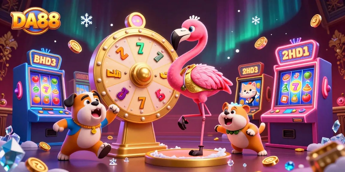 Spin the DA88 prize wheel with a flamingo host and bulldog contestant in a vibrant casino scene.
