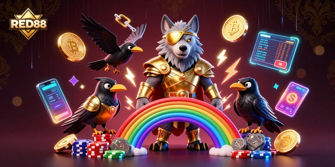 Engage with RED88’s thrilling casino world featuring Odin and ravens amidst glowing gaming symbols.