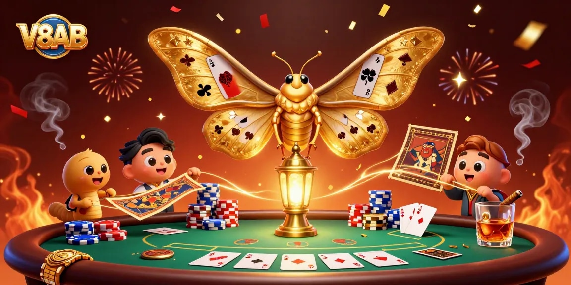 Play engaging games at V8AB featuring golden moths, poker elements, and vibrant casino scenes.