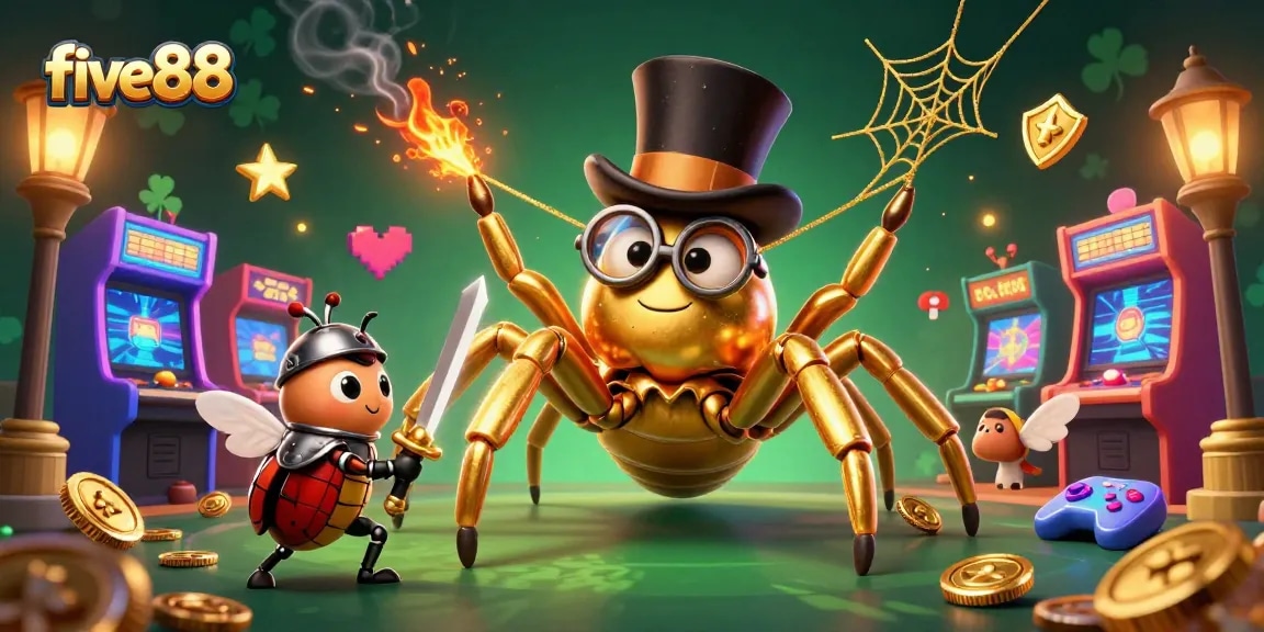 Engage with the five88 casino experience, showcasing a golden tarantula and beetle knight adventuring amongst vibrant gaming elements.