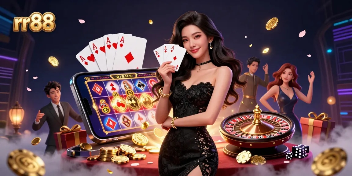 Experience thrilling gaming action at rr88 with a glamorous dealer and vibrant casino atmosphere.