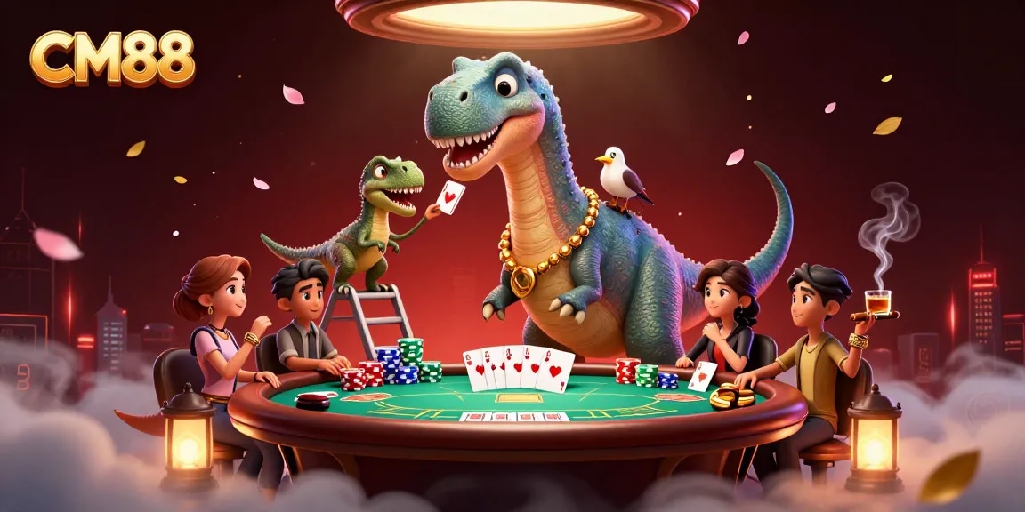 CM88 offers an exciting gaming experience with a brontosaurus dealer overseeing a vibrant poker game.