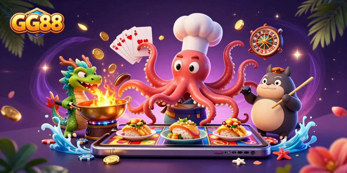Experience exciting winnings at GG88 with a colorful casino scene featuring vibrant games and fantasy characters.
