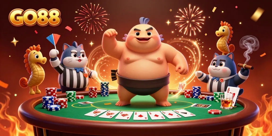 Engage with GO88's dynamic gaming experience featuring a colorful 3D illustration of excitement and betting strategies.