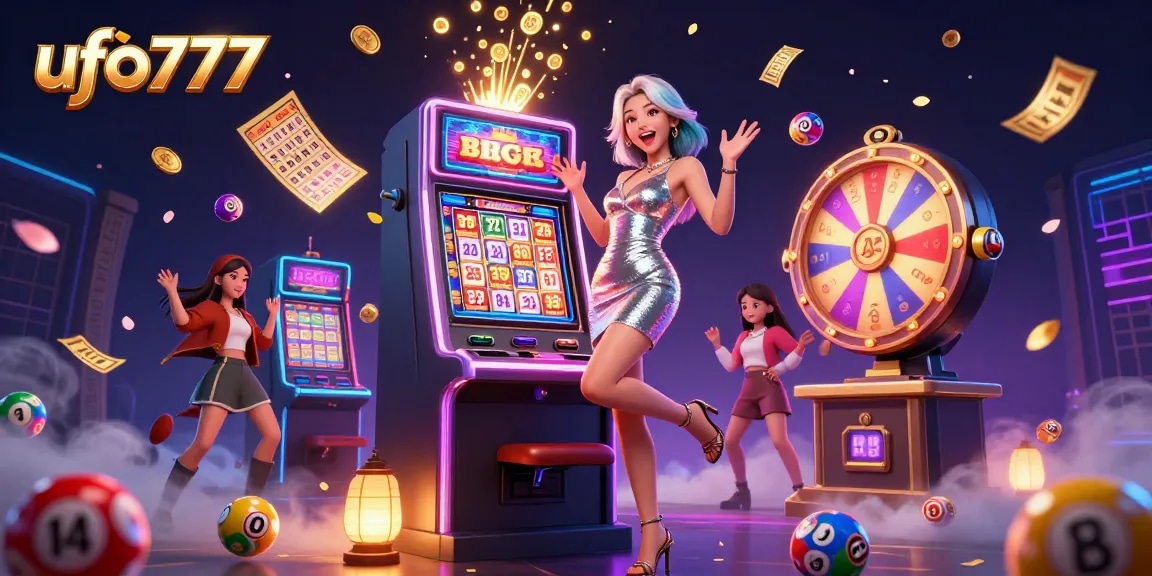 Experience thrilling wins with ufo777 and vibrant casino excitement in a celebratory scene.
