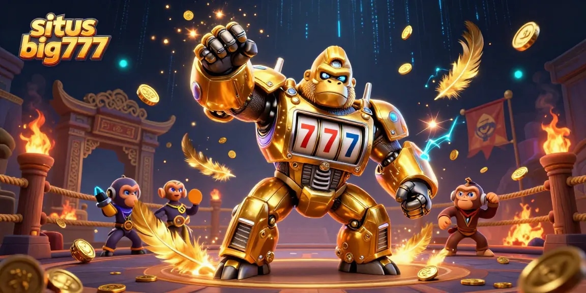 Experience the thrill at situs big777 with a vibrant scene featuring a golden gorilla mech bursting coins.