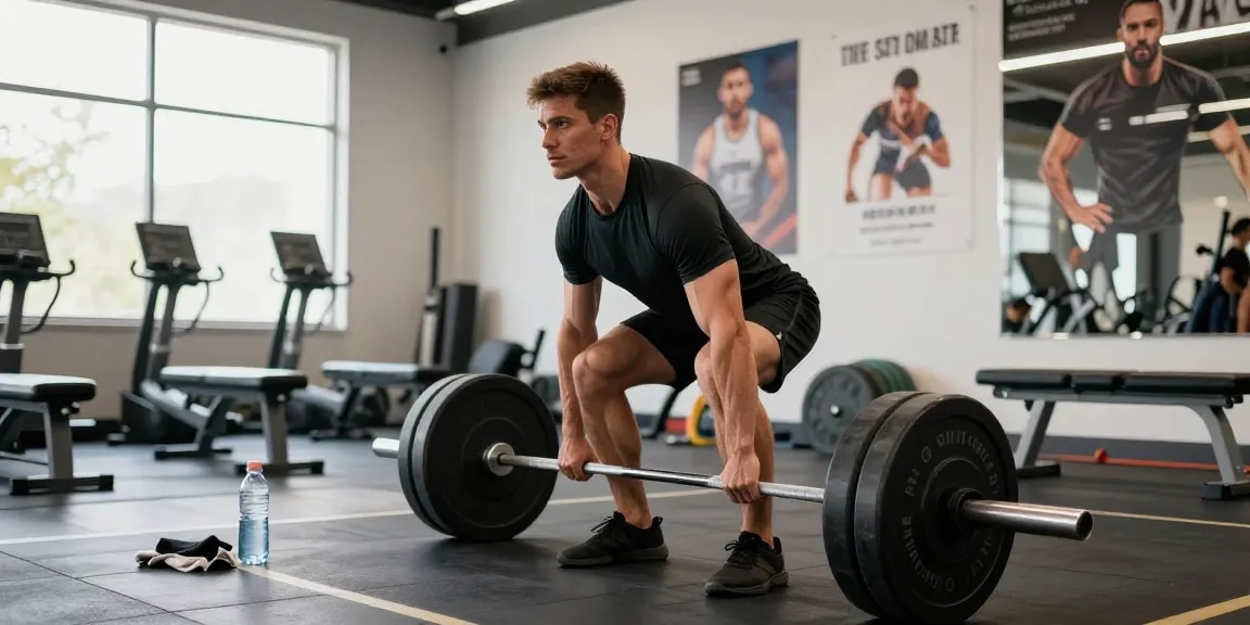 Steroidshop Fitness-Training mit Bodybuilder, der Gewichte hebt für Muskelaufbau