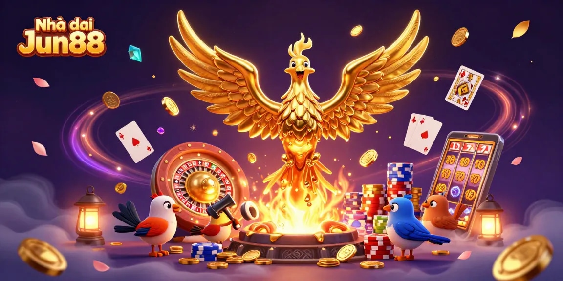 Experience the thrill with Nhà cái Jun88's vibrant casino illustration, featuring a golden phoenix and dynamic gaming elements.
