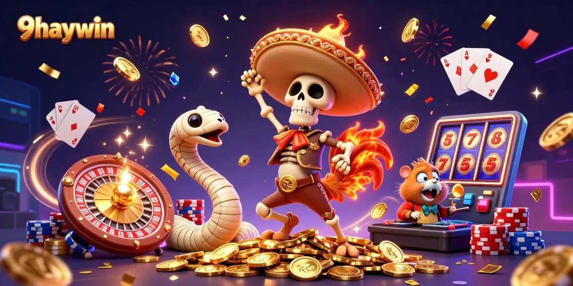 Experience the celebration of winning at 9haywin with vibrant characters dancing on golden coins.