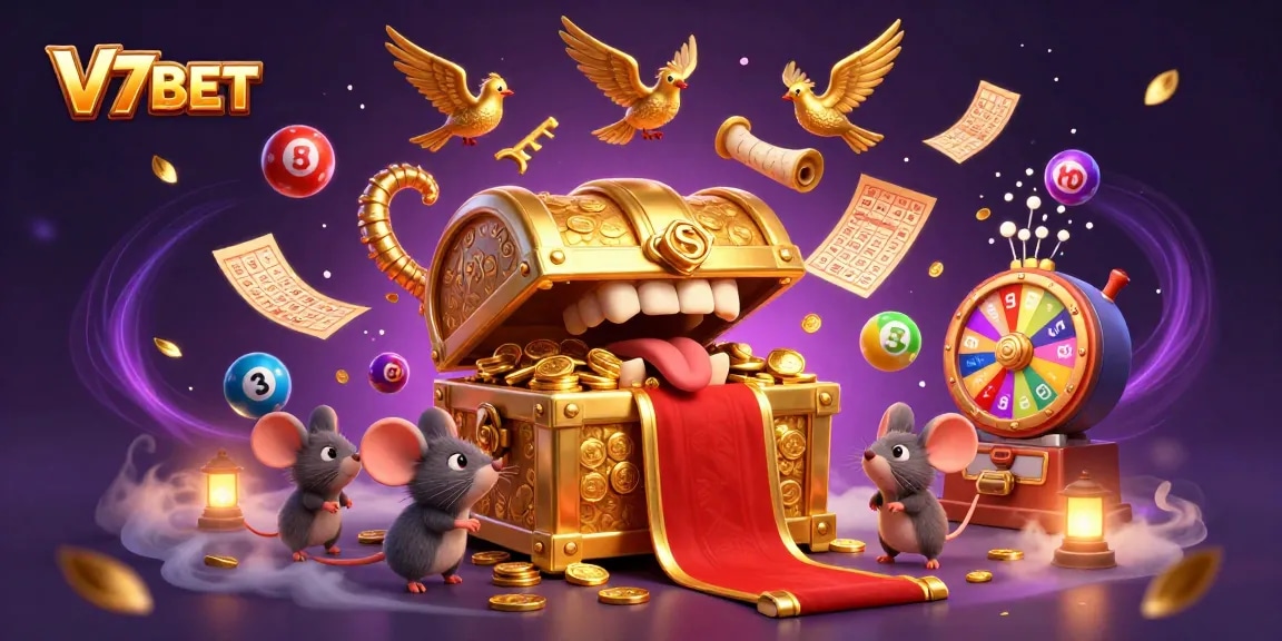 V7BET engages players with colorful lottery balls and dynamic gaming elements in a vibrant digital illustration.