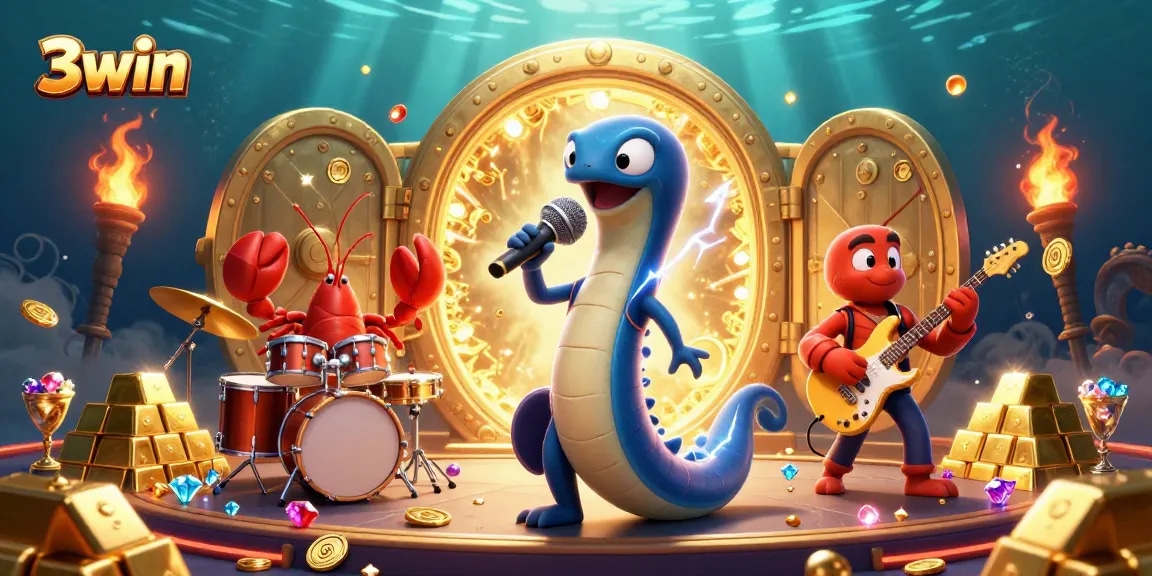 3win showcases colorful underwater casino featuring DJ eel, lobster drummer, and gems.
