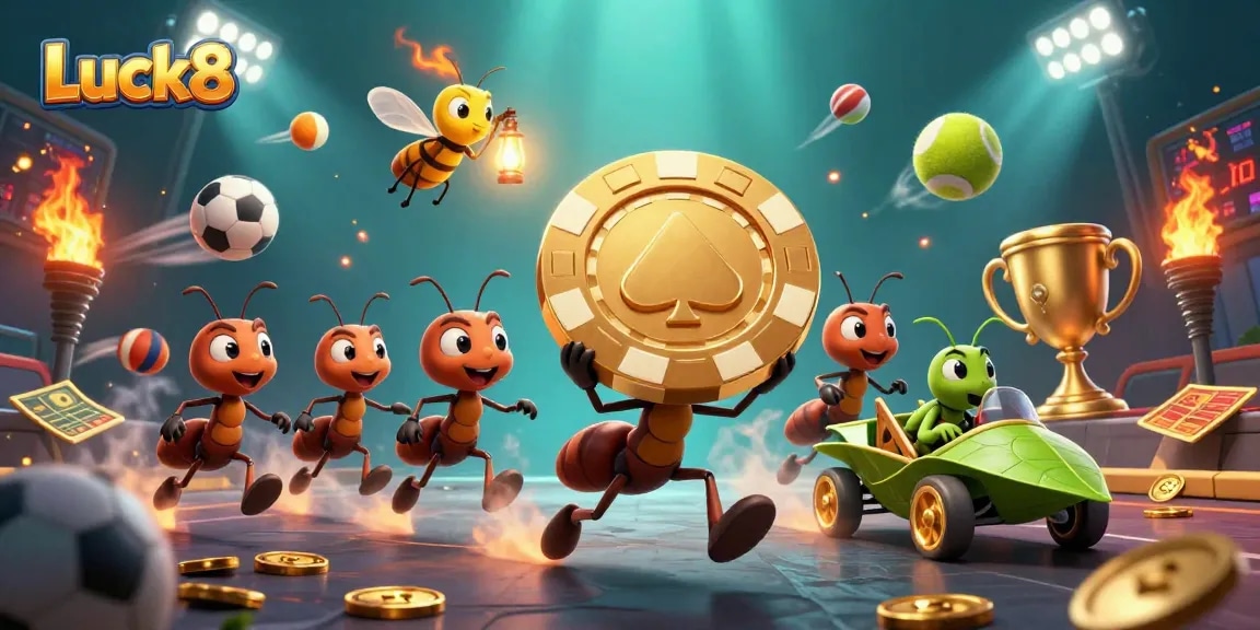 Experience thrilling gameplay at Luck8 as animated ants dash for a giant poker chip amidst vibrant sports elements.