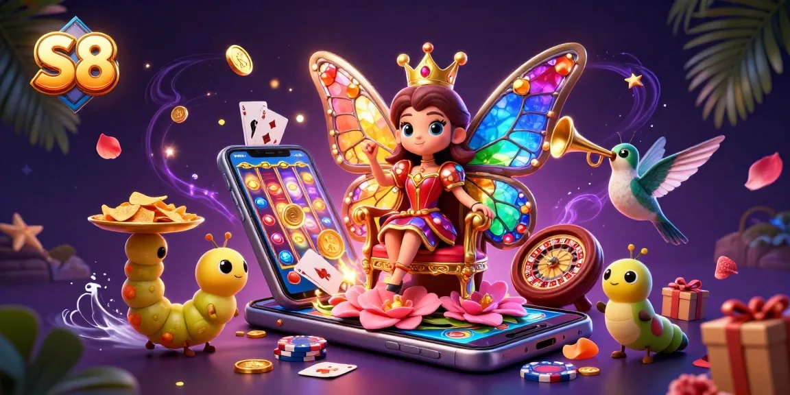 S8 mobilizes excitement with a 3D butterfly queen and casino symbols in a captivating gambling scene.