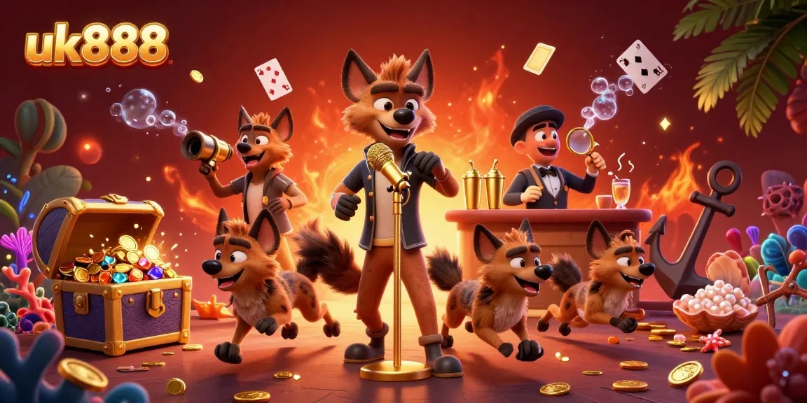 Engage with uk888 in a vibrant 3D casino scene showing hyenas as comedians, bartenders, and bouncers.