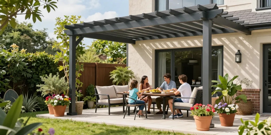 Moderne Terrassenüberdachung in einem schönen Garten mit Familie, die Zeit miteinander verbringt.