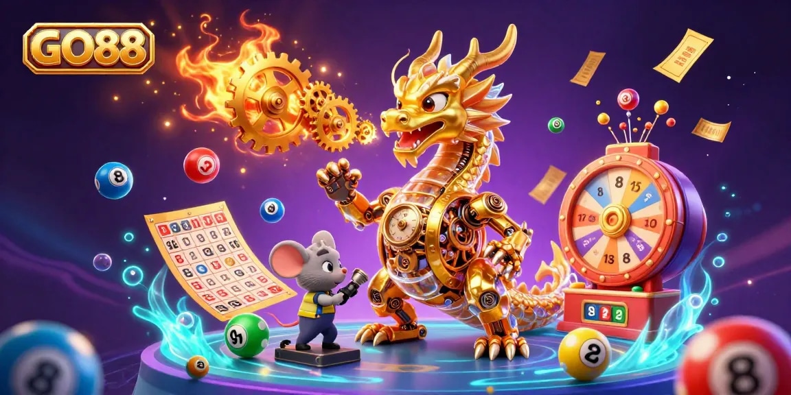 Experience excitement at GO88 with a 3D illustration of a golden dragon surrounded by colorful lottery elements.