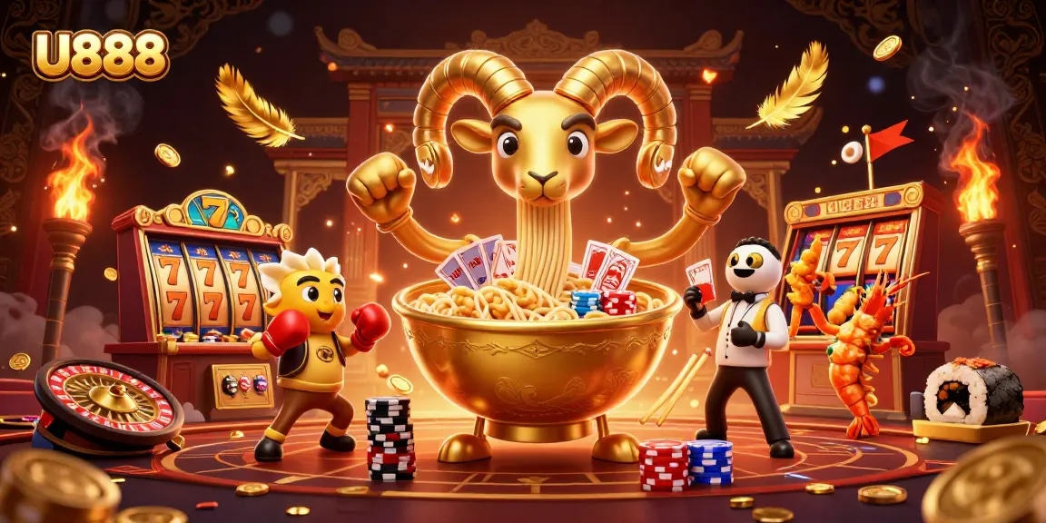 U888 brings players exciting gaming experience with a vibrant casino scene featuring dice and slot reels.