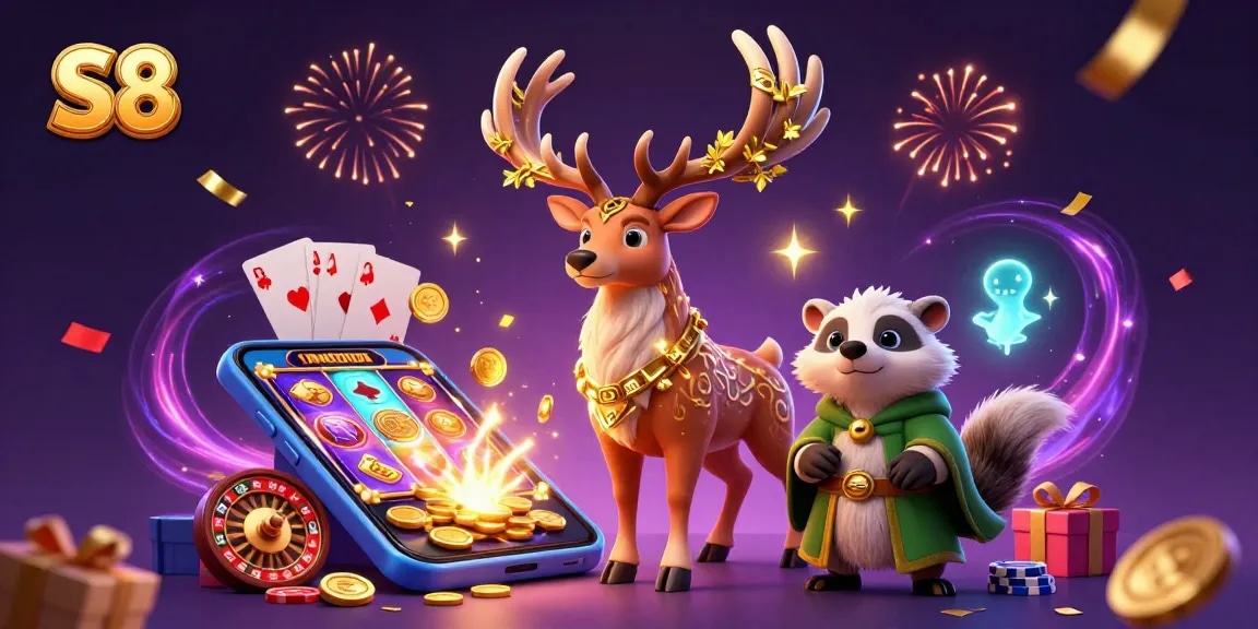 S8 captivates with vibrant slot games amidst a magical casino scene, featuring exciting gaming elements.