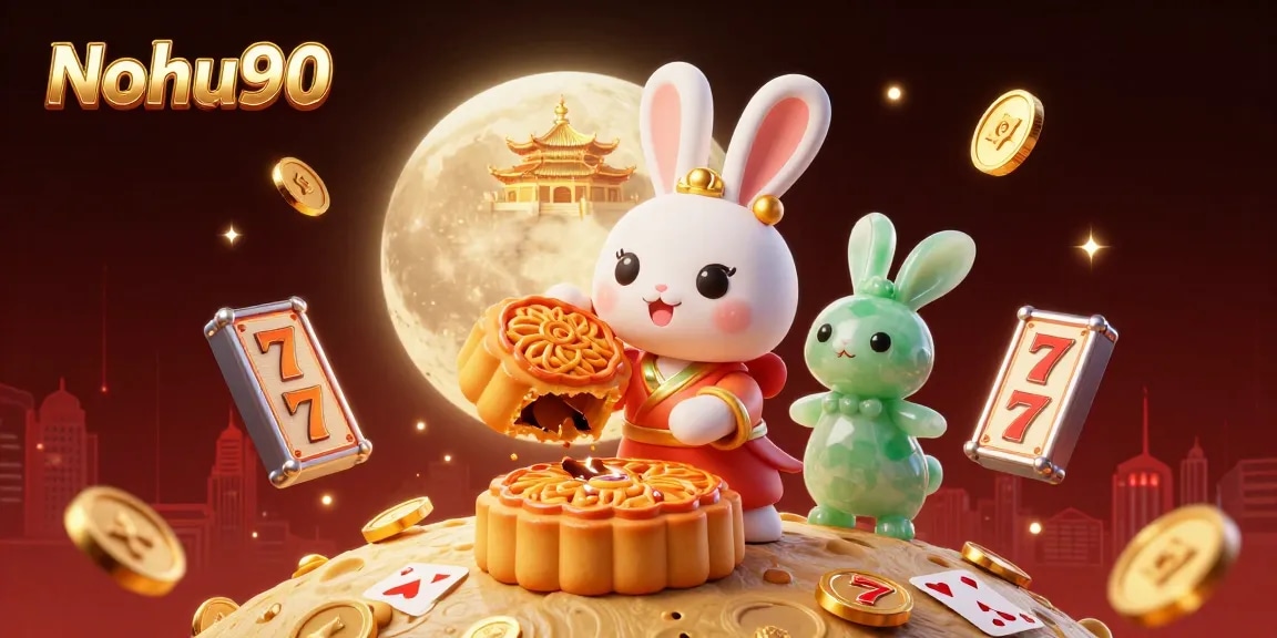 Nohu90 offers a vibrant 3D illustration featuring a moon rabbit and casino elements, showcasing slot games and jackpots.
