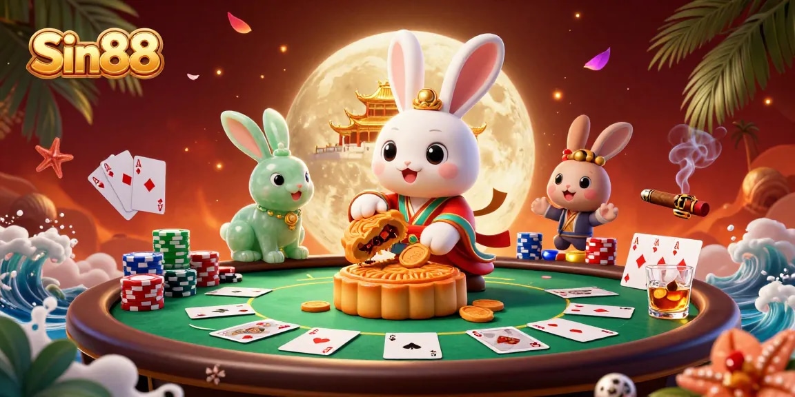 Experience the thrill of Sin88 poker with a lively 3D illustration featuring fantastical moon characters surrounded by vibrant casino elements.
