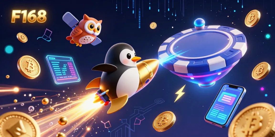 Experience the thrill of F168 with a detailed 3D illustration of a golden penguin racing toward a vibrant casino.