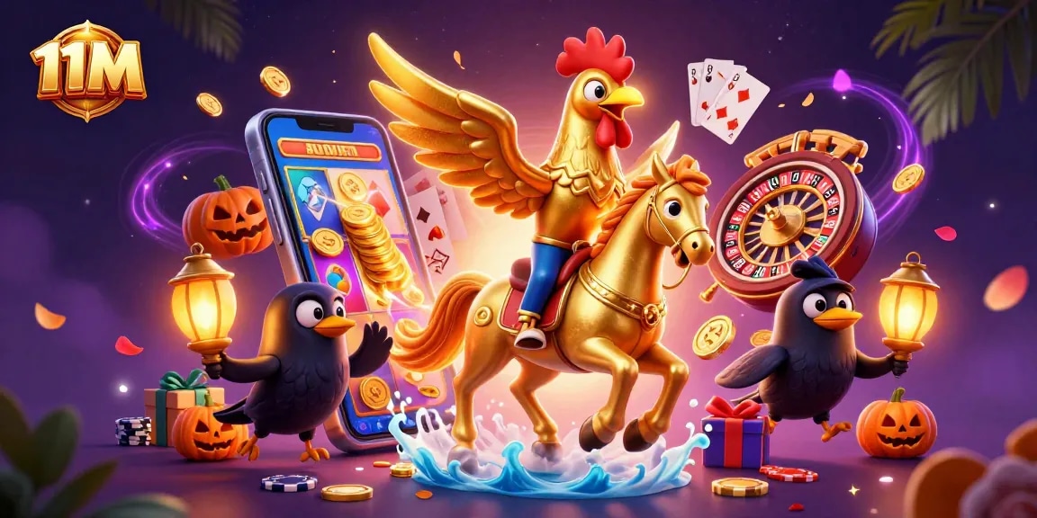 Experience thrilling wins with the imaginative 11M casino scene of a golden rooster and spectral horse!
