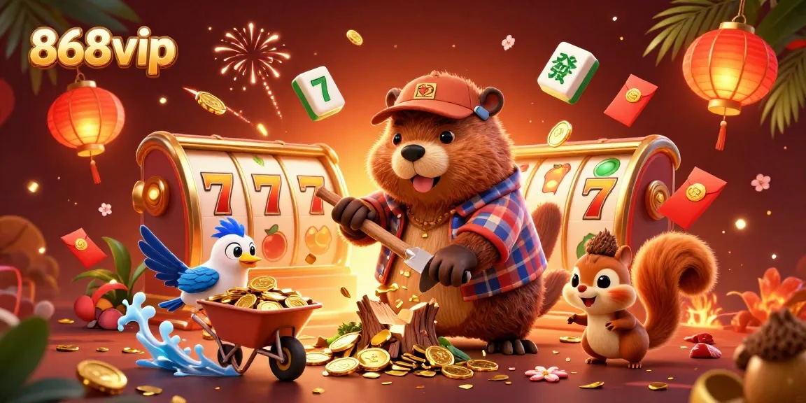 868vip promotes fun slot gameplay with a beaver character raining coins in a vibrant scene.