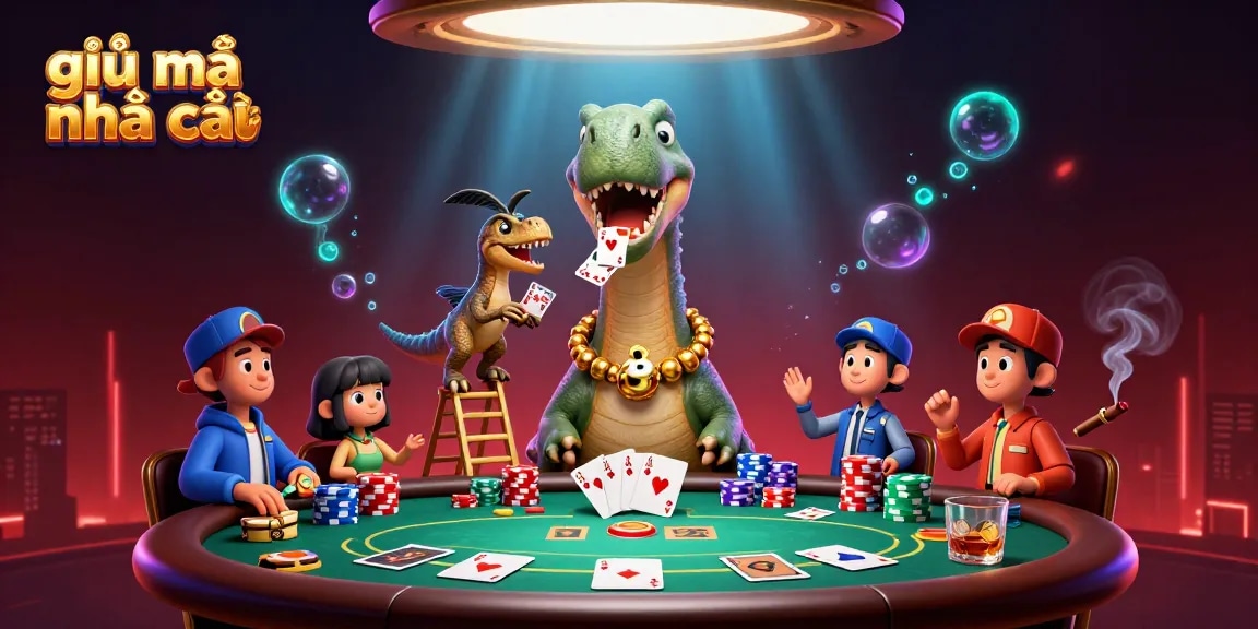 Engage with giải mã nhà cái through a vibrant 3D casino scene featuring unique characters and poker elements.