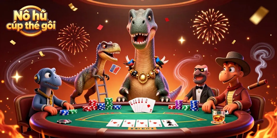 Nổ hũ cúp thế giới showcases a vibrant 3D casino scene with a dinosaur and poker action.