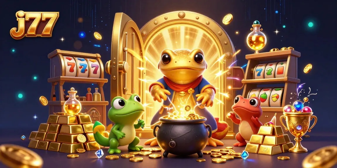 Experience thrilling gaming at j77 with a dynamic 3D illustration featuring casino elements and vibrant characters.